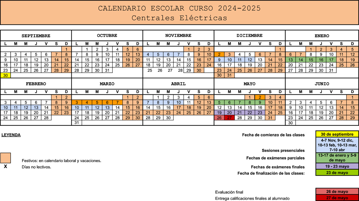 Cenifer Calendario Centrales eléctricas sesiones presenciales y exámenes